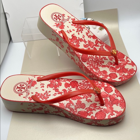 Tory Burch Red Floral Women's Sandals Size 7 Good Condition - Picture 4 of 7